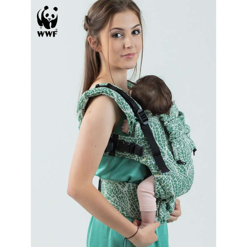 Isara The One - Majestic Green Forest baby carrier in use, designed for comfort and support from birth to preschool | Babymaxi