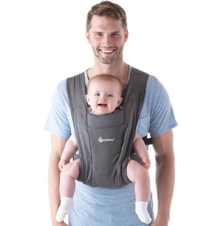 Ergobaby Embrace - Heather Grey baby carrier with happy baby, offering softness and ergonomic support | Babymaxi