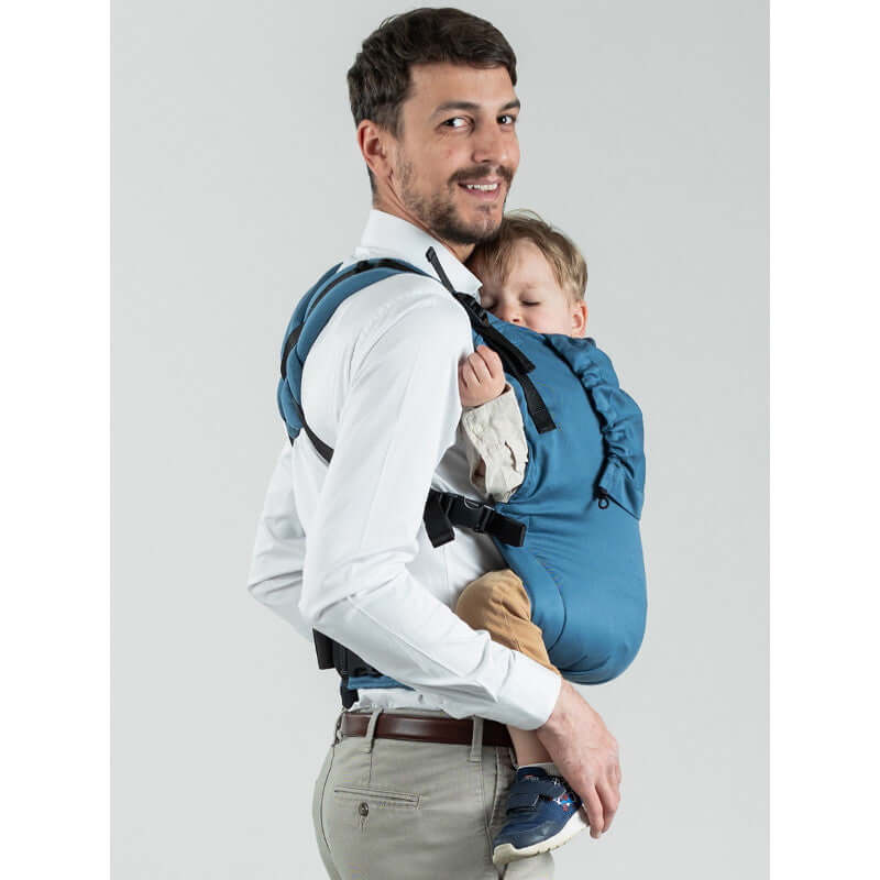 Isara Preschooler (up to 30kg) - Bluestone ergonomic baby carrier worn by a father with child | Babymaxi