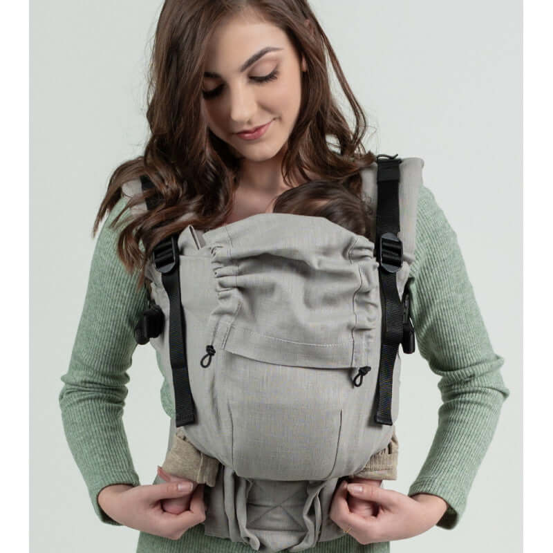 Isara The One - Misty Linen baby carrier in sage green, showcasing luxurious washed linen fabric | Babymaxi