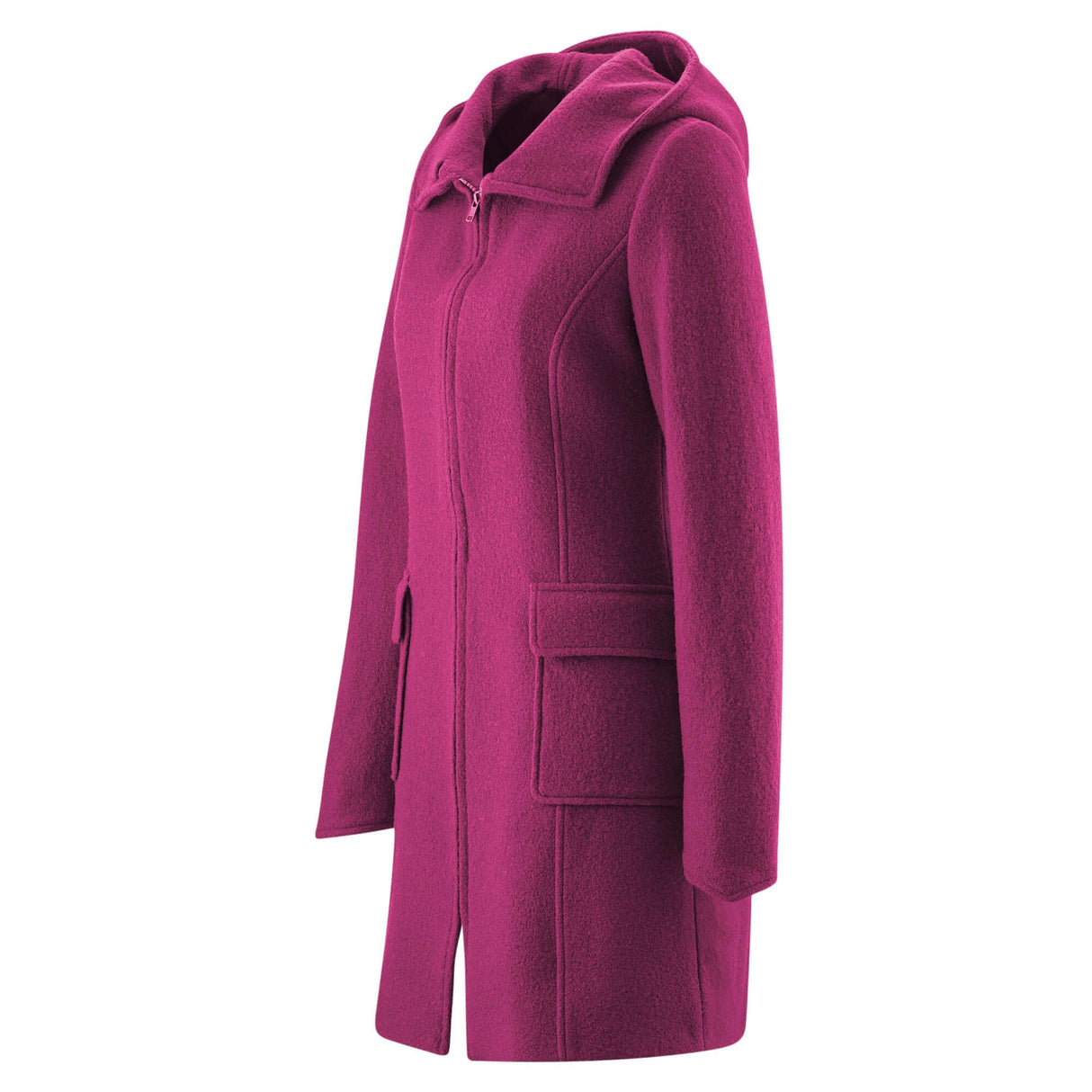 Mamalila Hooded Babywearing Coat Vienna - Berry shown in a vibrant berry color, featuring a cozy hood and pockets for parents | Babymaxi