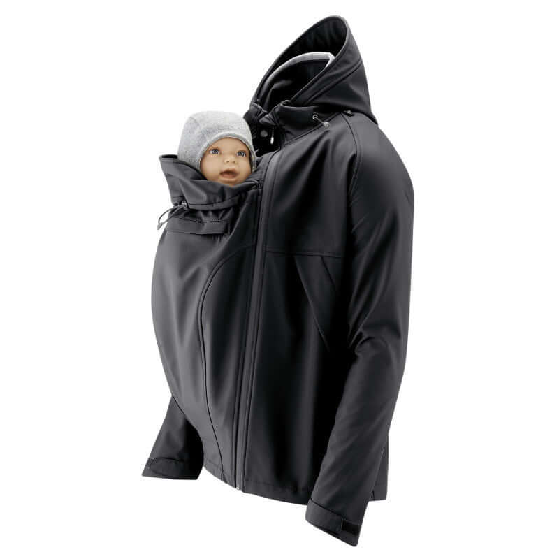 Mamalila Softshell Allrounder Babywearing Jacket for men - Black with baby insert for wind and rain protection | Babymaxi