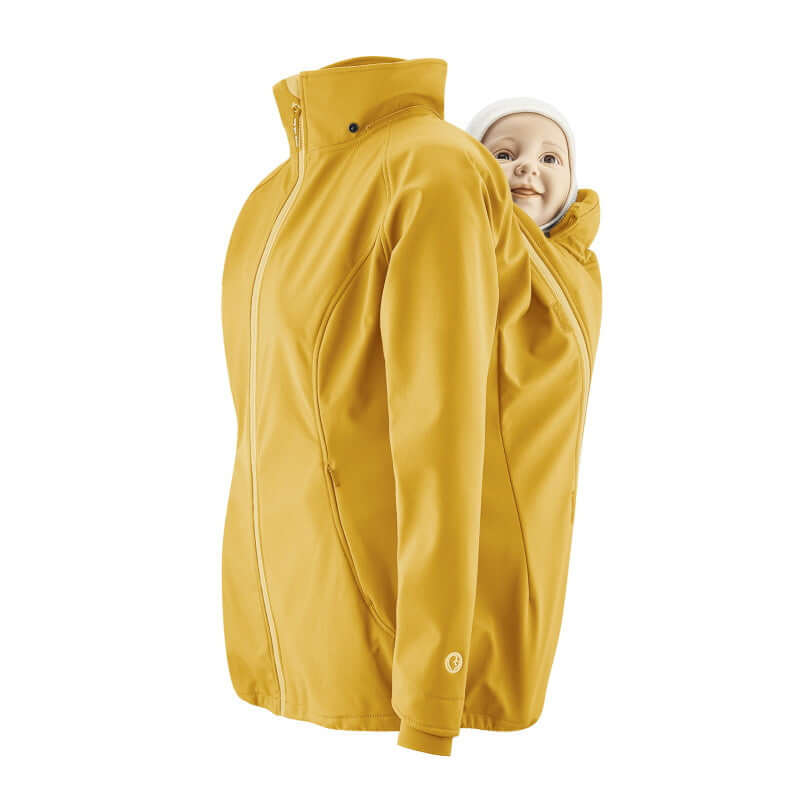 Mamalila Softshell Babywearing Jacket Allrounder - Mustard, versatile outerwear for parents and babies | Babymaxi