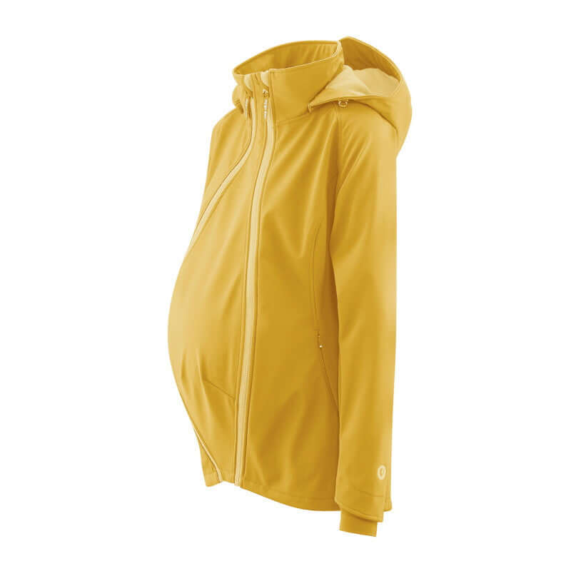 Mamalila Softshell Babywearing Jacket Allrounder - Mustard, stylish yellow jacket for all-weather babywearing | Babymaxi