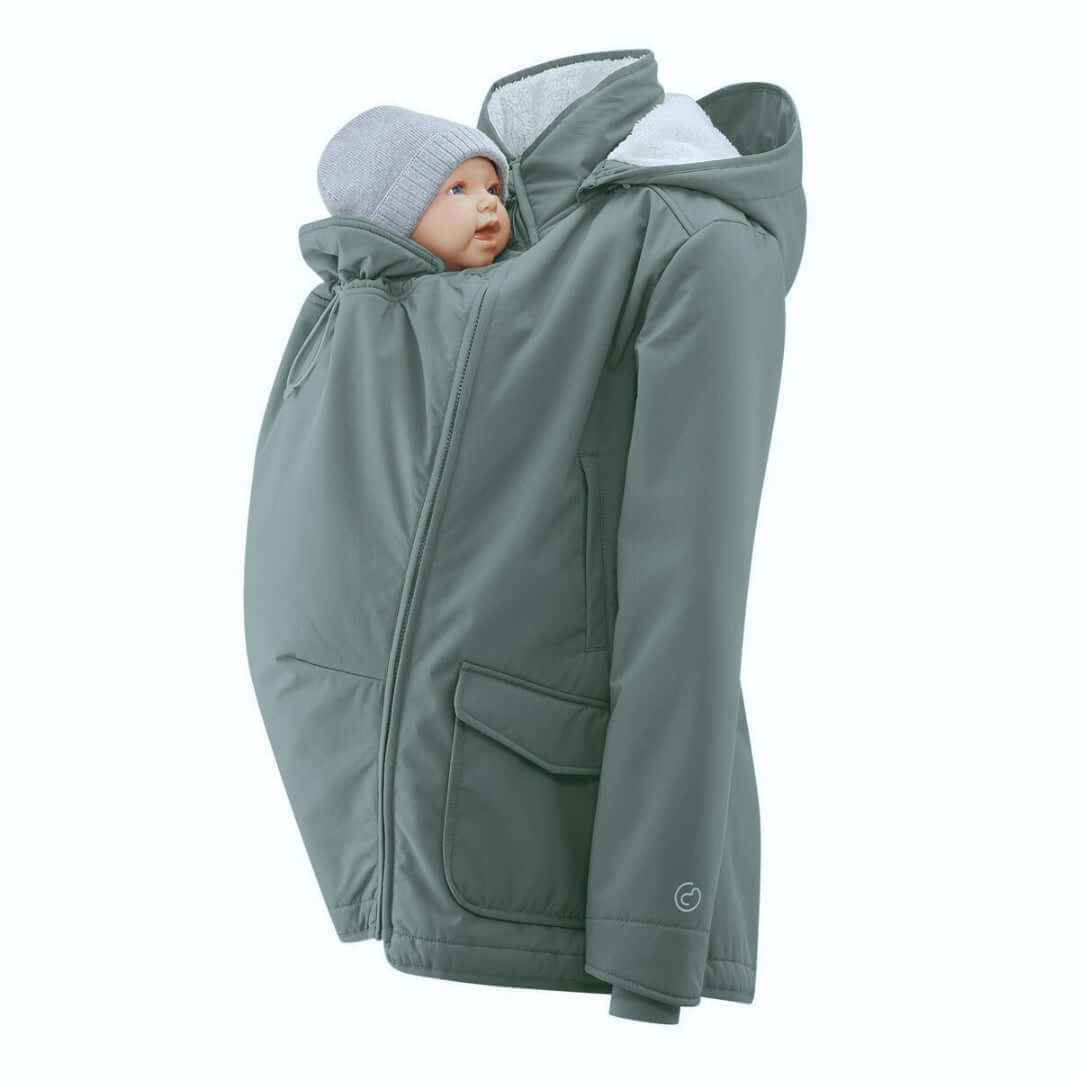 Mamalila Winter Softshell Baby Carrier Jacket - Agave with baby, perfect for winter warmth and comfort | Babymaxi