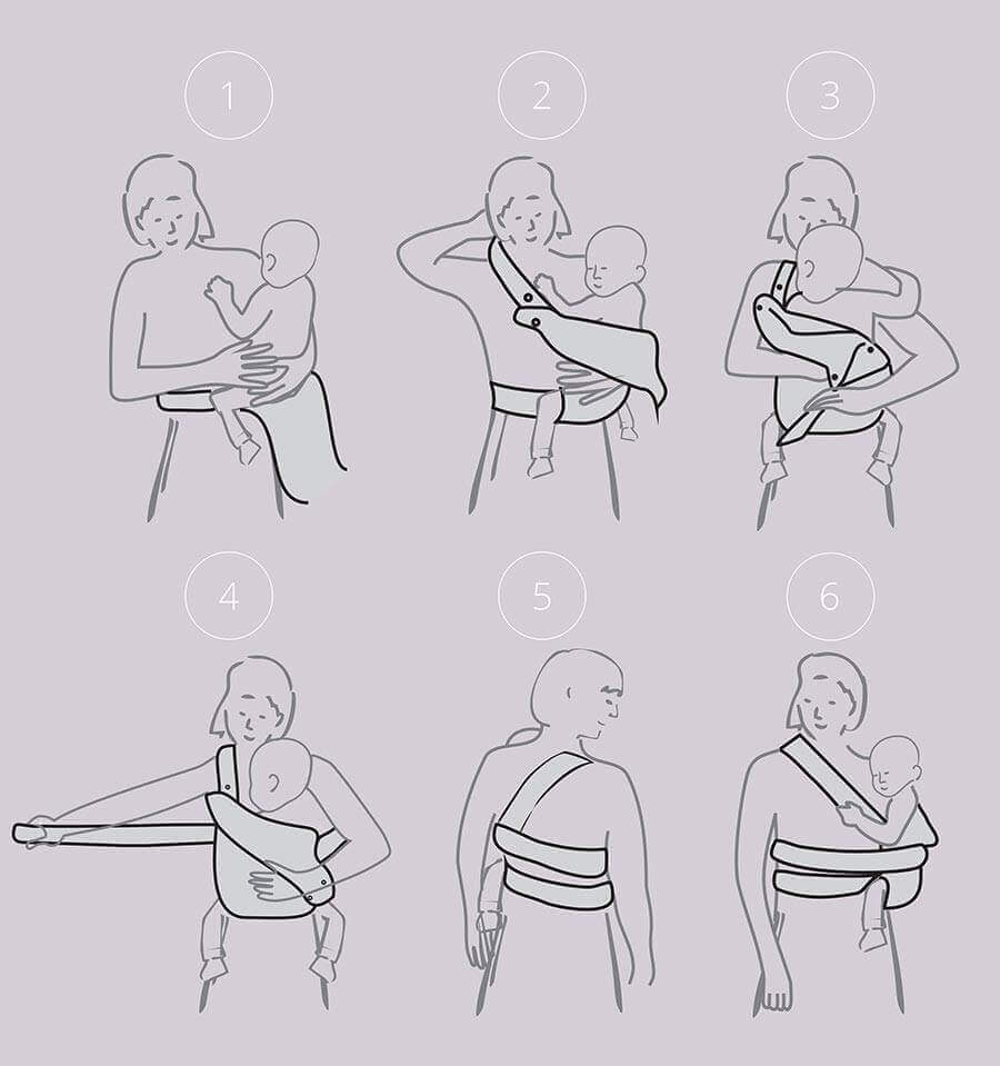Instructions for using the Marsupi Classic - Black baby carrier, showcasing ergonomic carrying positions | Babymaxi