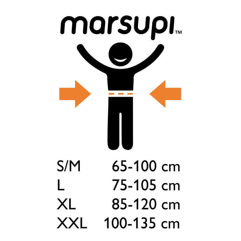 Marsupi Classic - Grey size chart showing waist measurements for S/M, L, XL, and XXL | Babymaxi
