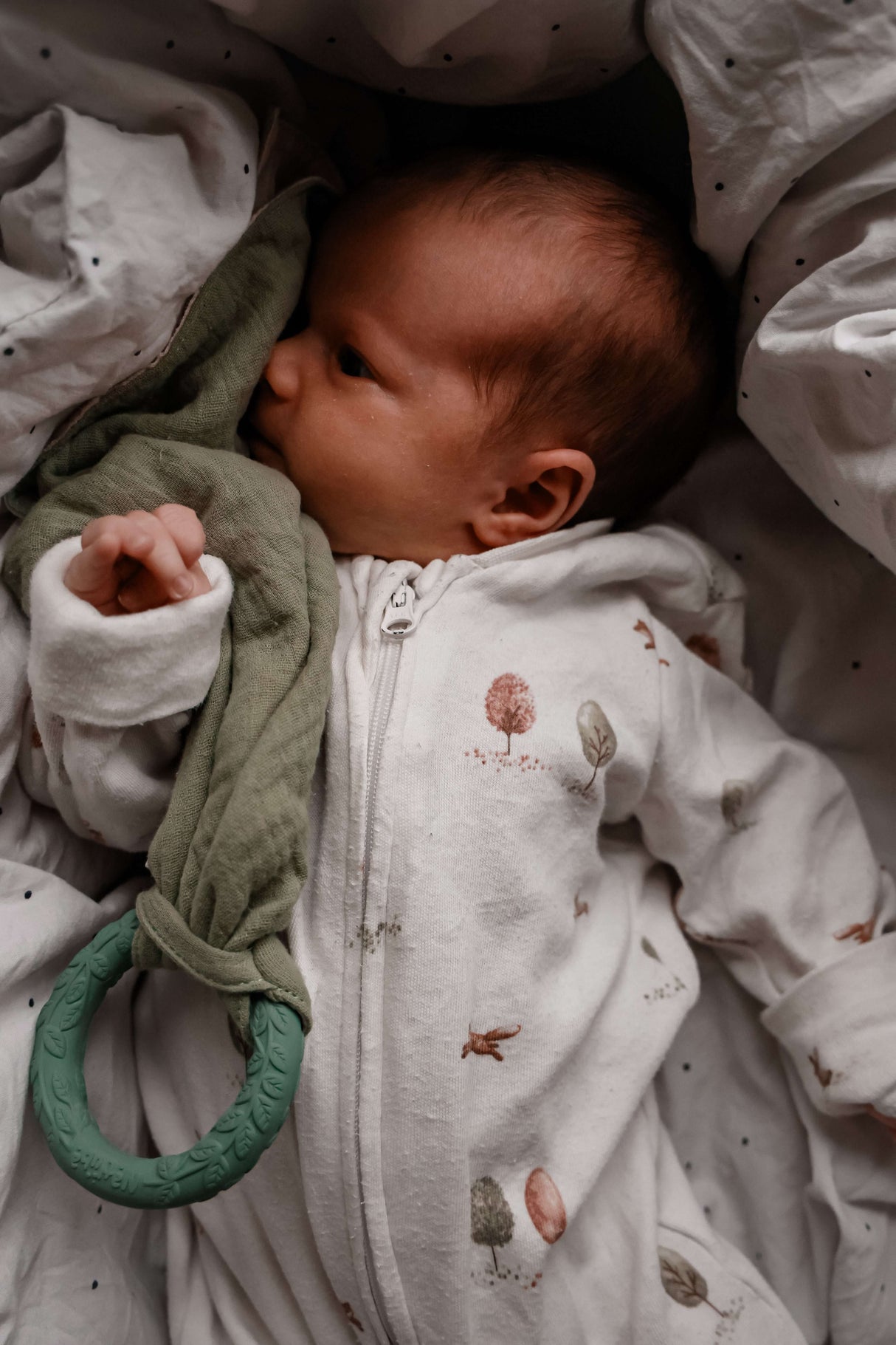 Organic Baby Teether & Activity Toy – Perfect for Carriers with baby enjoying soft cloth and teething ring | Babymaxi