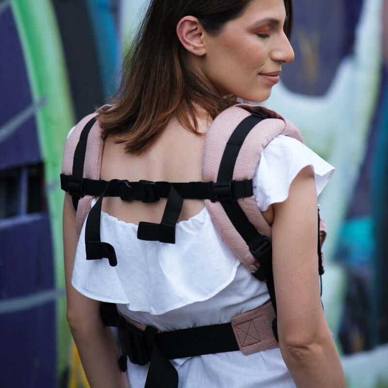 Neko Switch Baby Carrier - Sephia ergonomic carrier on woman, adjustable for growing babies | Babymaxi