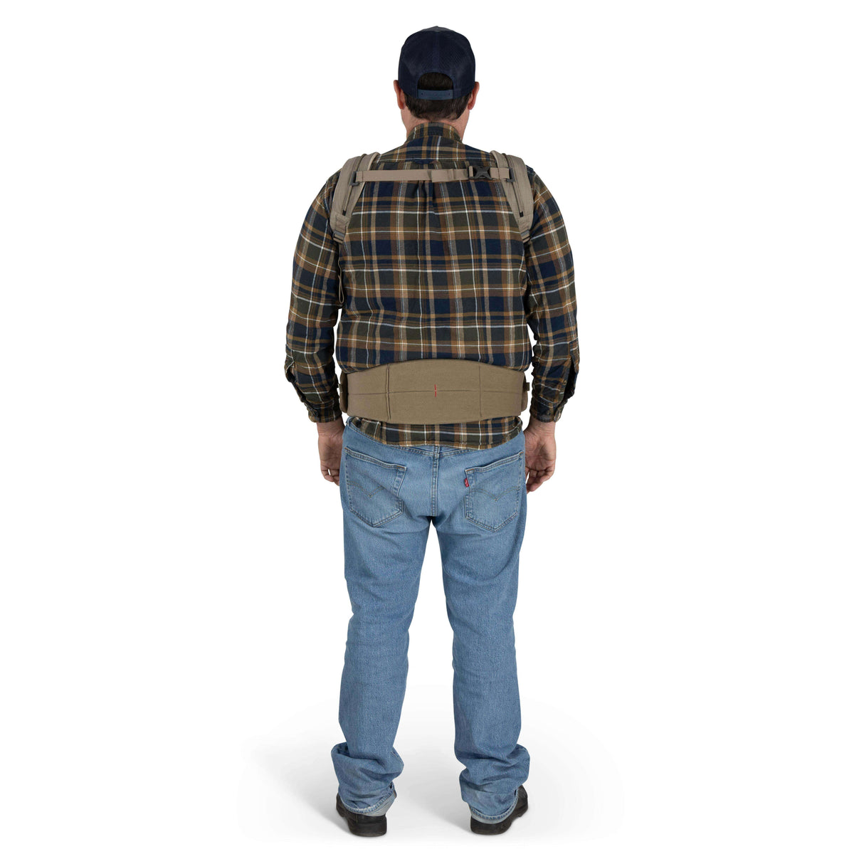 Osprey Poco Soft Child Carrier LT - Tan Concrete worn by a person in a plaid shirt, showcasing ergonomic design | Babymaxi