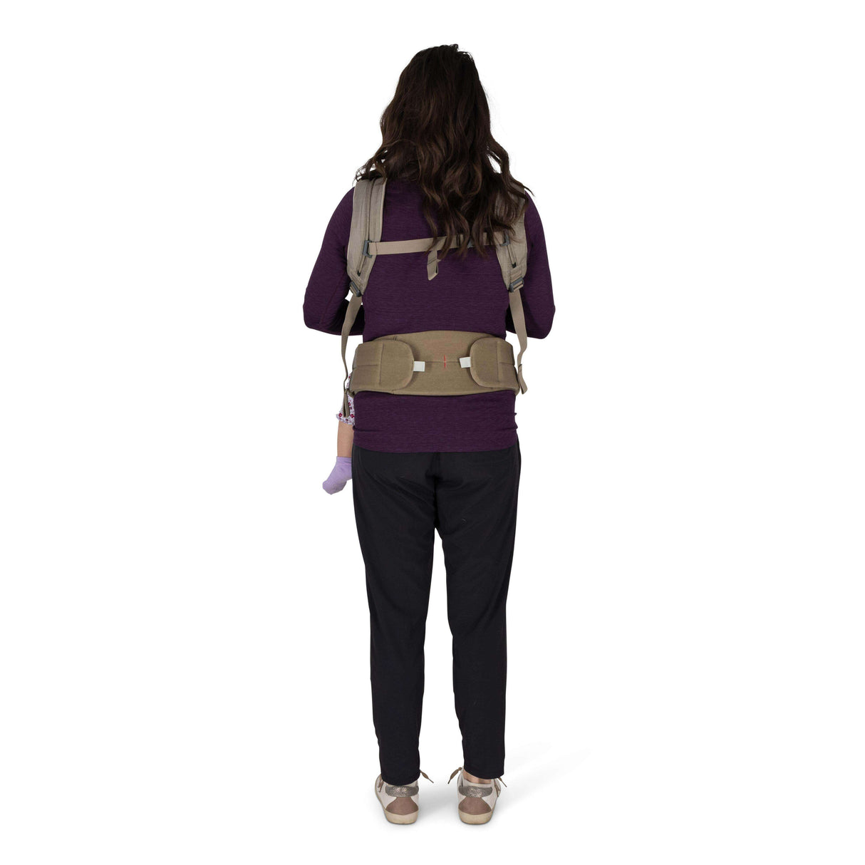 Osprey Poco Soft Child Carrier LT - Tan Concrete on a parent, showcasing ergonomic design and comfort | Babymaxi
