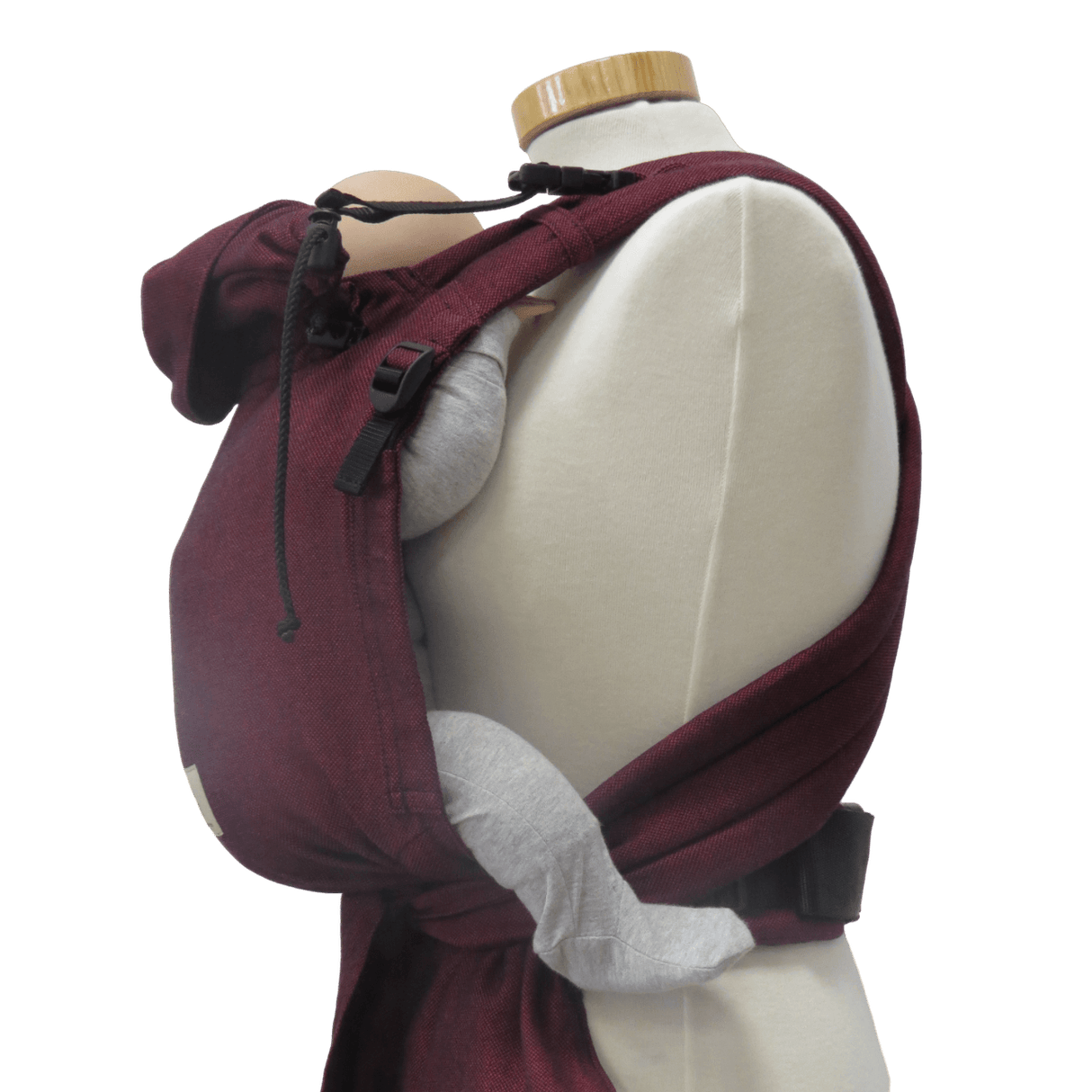 Storchenwiege Talemo Half-Buckle Baby Carrier - Bordeaux in use, showing adjustable straps and a baby | Babymaxi