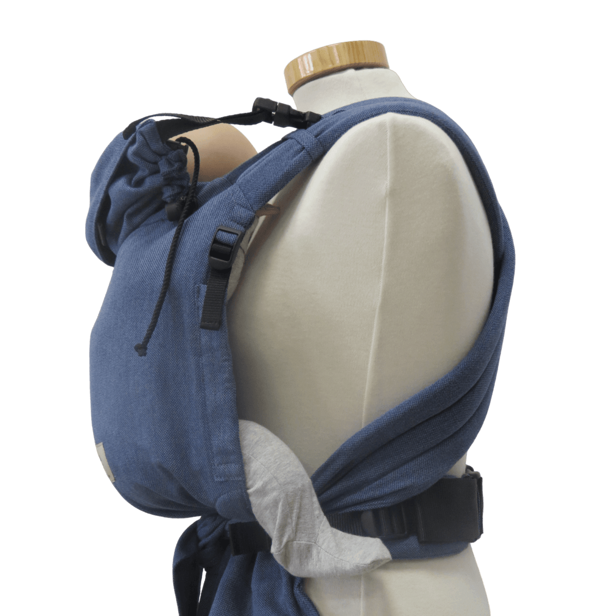 Storchenwiege Talemo Half-Buckle Baby Carrier - Denim on display, showcasing adjustable straps and buckle waist belt | Babymaxi