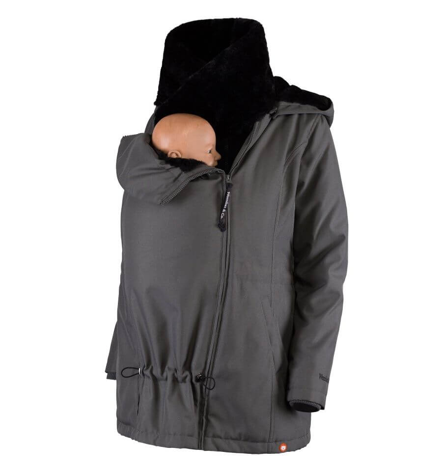 Wombat & Co. London - Wallaby Babywearing Coat - Grey & Black with a baby doll in the front pocket | Babymaxi