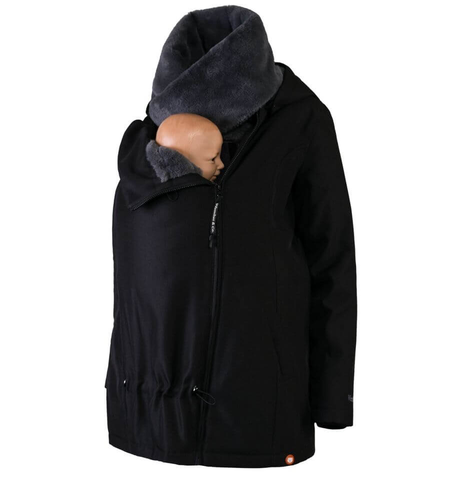 Wombat & Co. London - Wallaby Babywearing Jacket – Black & Charcoal, equipped with a cozy hood and baby carrier | Babymaxi