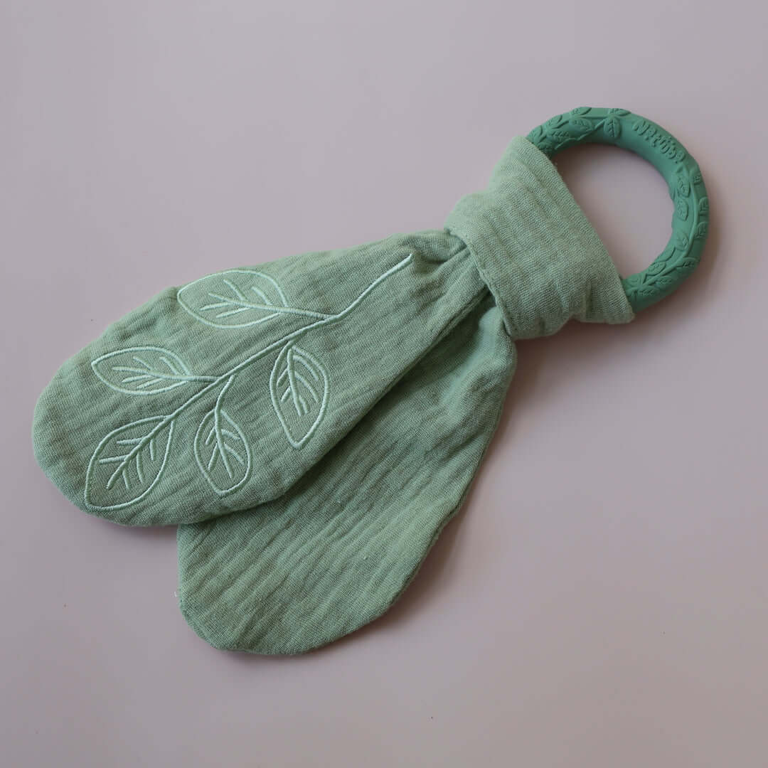 Organic Baby Teether & Activity Toy – Perfect for Carriers in soft green fabric with natural rubber ring | Babymaxi