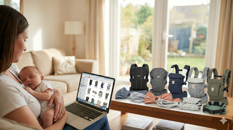 Comparison of ergonomic baby carrier styles — full buckle, half buckle, stretchy sling, and ring sling