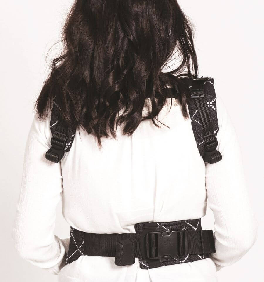 Isara The One - Diamonda Black baby carrier shown from behind, demonstrating adjustable straps and one size fits all design | Babymaxi