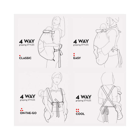 Visual guide to 4 way gripping styles for babywearing: Classic, Easy, On-the-Go, Cool | Isara Winter Baby Carrier Cover - Frosted Almond Taupe | Babymaxi