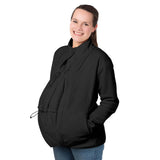 Mamalila Basel Baby Carrier Fleece Jacket – Black worn by a smiling mother for cozy baby wearing warmth | Babymaxi