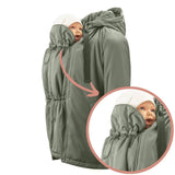 Mamalila Boston Babywearing Jacket - Agave showcasing its baby insert feature for comfortable carrying | Babymaxi