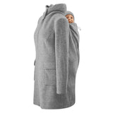 Mamalila Hooded Babywearing Coat Vienna - Light Grey with a baby carrier, showcasing warmth and style | Babymaxi
