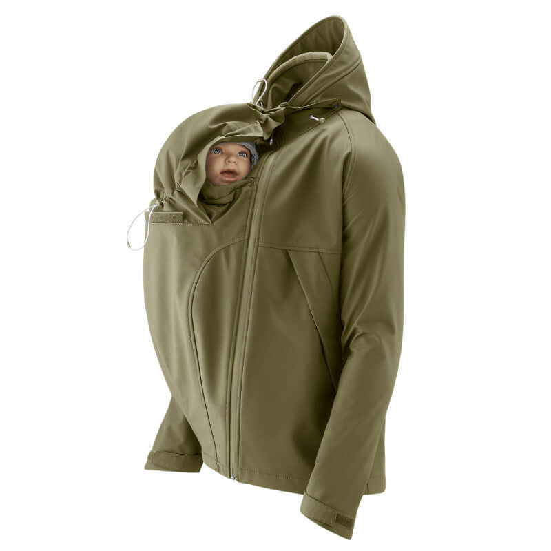 Mamalila Softshell Allrounder Babywearing Jacket for men - Khaki with child insert, waterproof and eco-friendly | Babymaxi