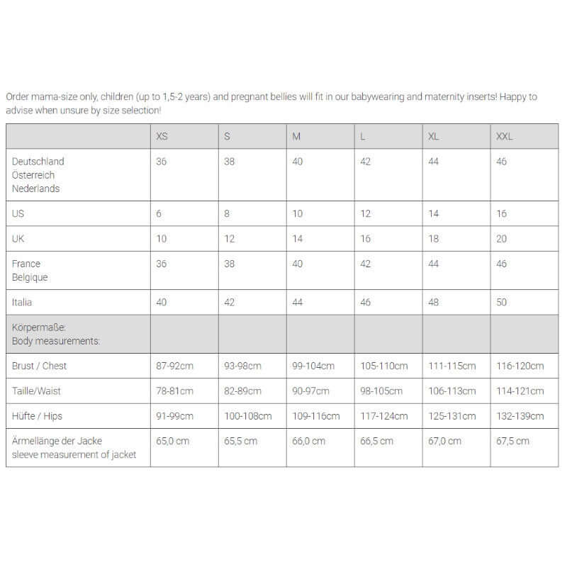 Size guide for Mamalila Softshell Babywearing Jacket Allrounder - Berry with body measurements for optimal fit | Babymaxi