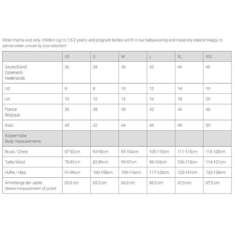 Size guide for Mamalila Softshell Babywearing Jacket Allrounder - Berry with body measurements for optimal fit | Babymaxi