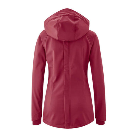 Back view of Mamalila Softshell Babywearing Jacket Allrounder - Berry, featuring hood and stylish A-shaped design | Babymaxi