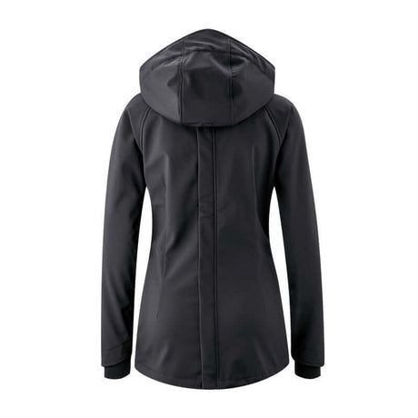 Back view of Mamalila Softshell Babywearing Jacket Allrounder - Black, featuring a hood and stylish design | Babymaxi