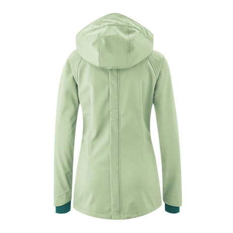 Back view of Mamalila Softshell Babywearing Jacket Allrounder - Mint, showcasing its stylish design and hood | Babymaxi