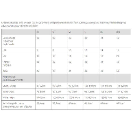 Size chart for Mamalila Winter Softshell Baby Carrier Jacket - Agave, detailing sizing in various countries | Babymaxi