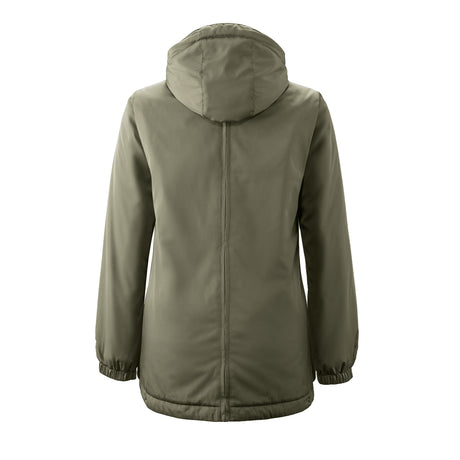 Mamalila Boston Babywearing Jacket Olive, back view with hood, solo wear
