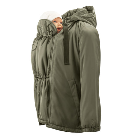 Mamalila Boston Babywearing Jacket Olive, baby carried on front in ergonomic insert