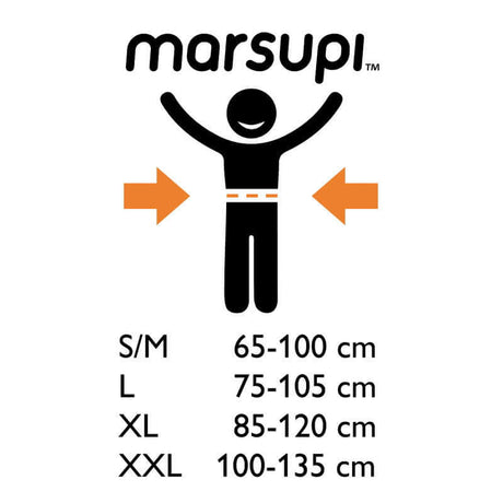 Marsupi Classic - Olive size chart for waist measurements S/M 65-100 cm, L 75-105 cm, XL 85-120 cm, XXL 100-135 cm | Babymaxi