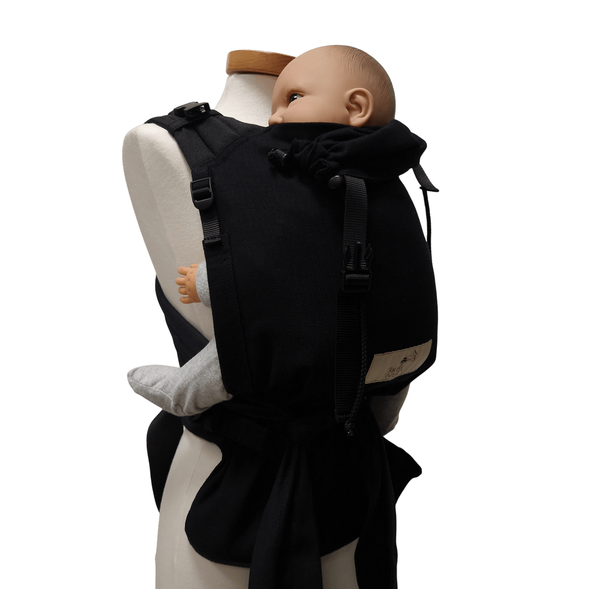 Storchenwiege Talemo Half-Buckle Baby Carrier - Black with baby model | Babymaxi