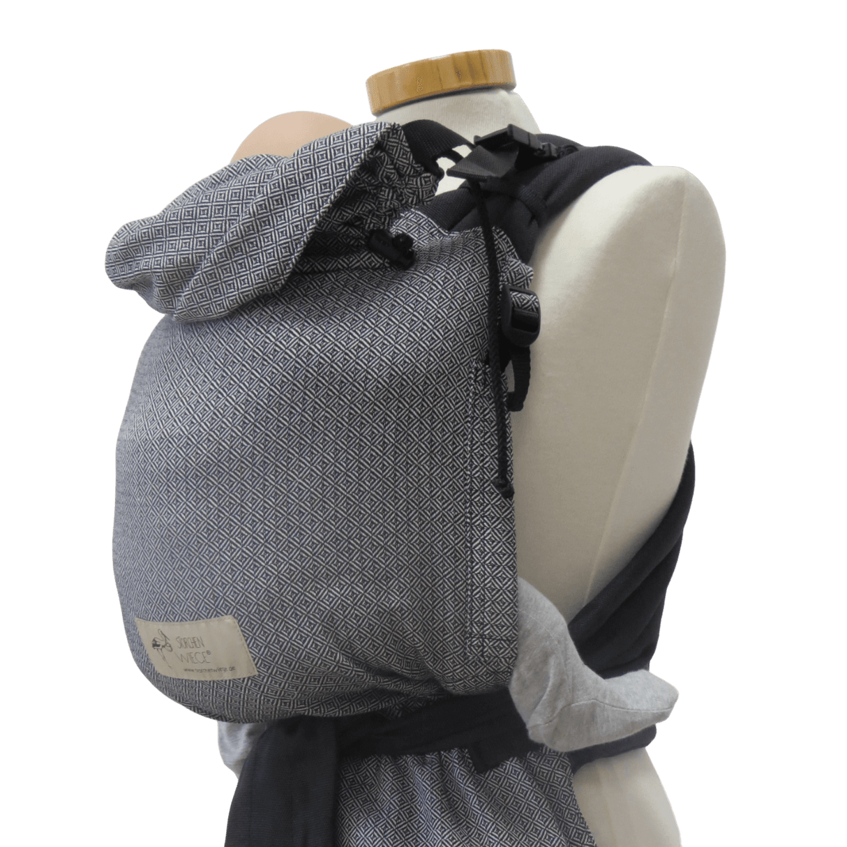 Storchenwiege Talemo Half-Buckle Baby Carrier - Leo Black White on mannequin for optimal support | Babymaxi