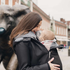 Wombat & Co. London - Wallaby Babywearing Jacket – Black & Charcoal in use with baby | Babymaxi