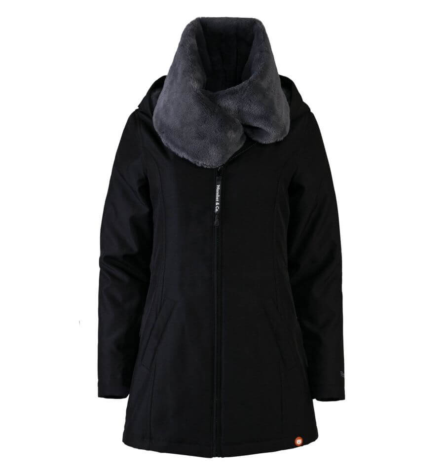 Wombat & Co. London - Wallaby Babywearing Jacket – Black & Charcoal, stylish maternity coat with removable faux fur collar | Babymaxi