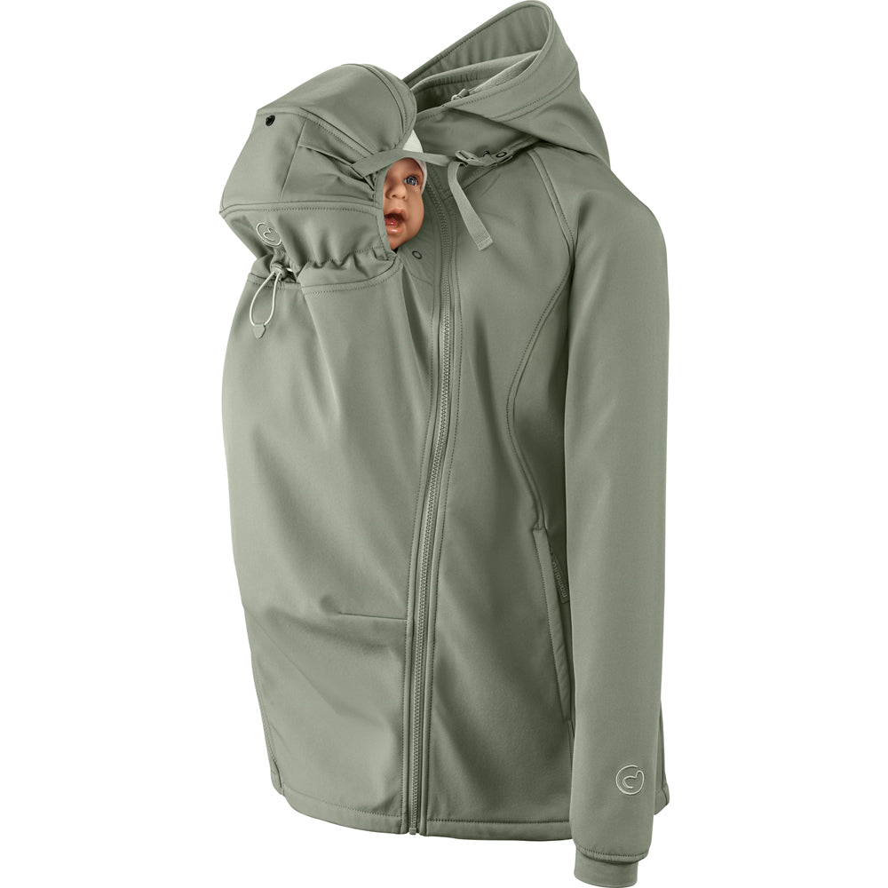 Mamalila Softshell Babywearing Jacket Allrounder Fit Agave, front carry with baby insert and hood