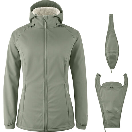Mamalila Allrounder Winter softshell babywearing jacket in agave green, shown with its pregnancy insert and baby insert